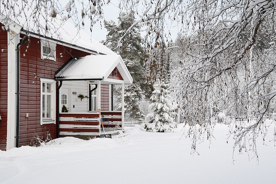 Visar det röda huset med vita knutar, inramat av vinterträd. Snö.